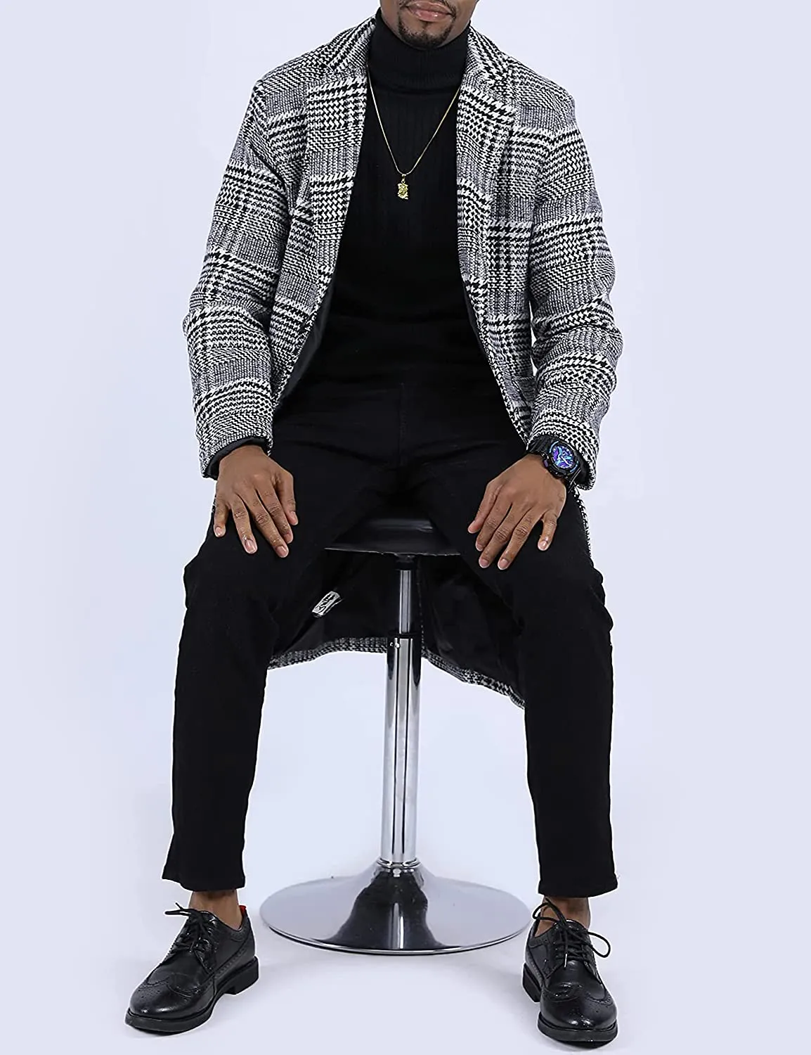 Men's Wool Blend Plaid Notched Long Trench Pea Coat