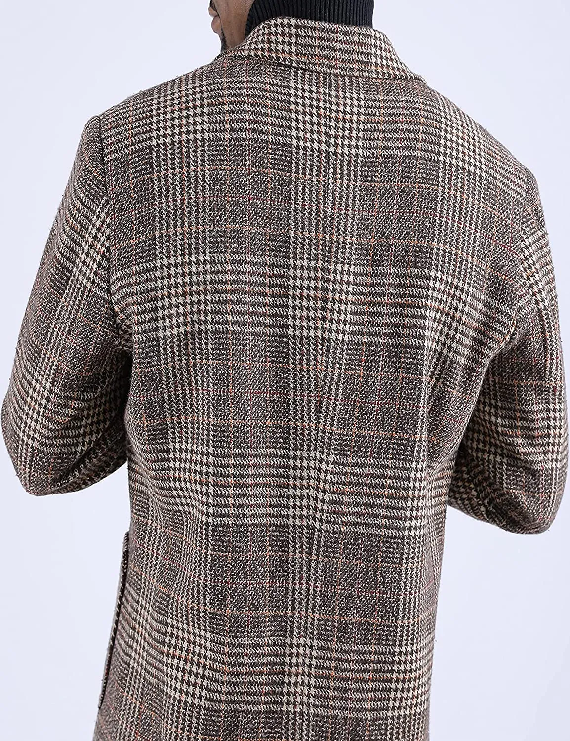 Men's Wool Blend Plaid Notched Long Trench Pea Coat