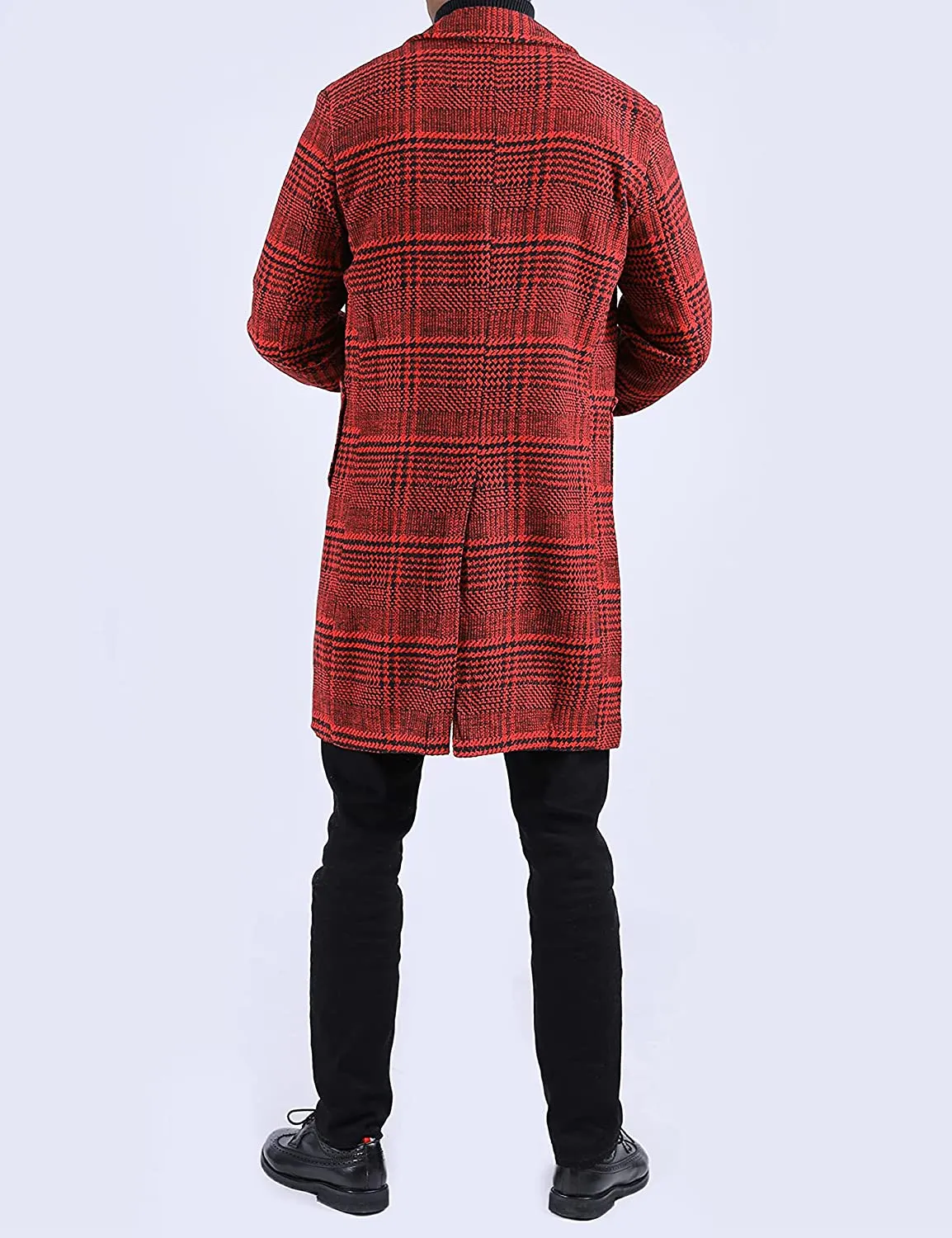 Men's Wool Blend Plaid Notched Long Trench Pea Coat