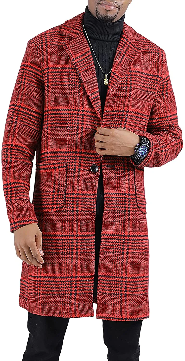 Men's Wool Blend Plaid Notched Long Trench Pea Coat