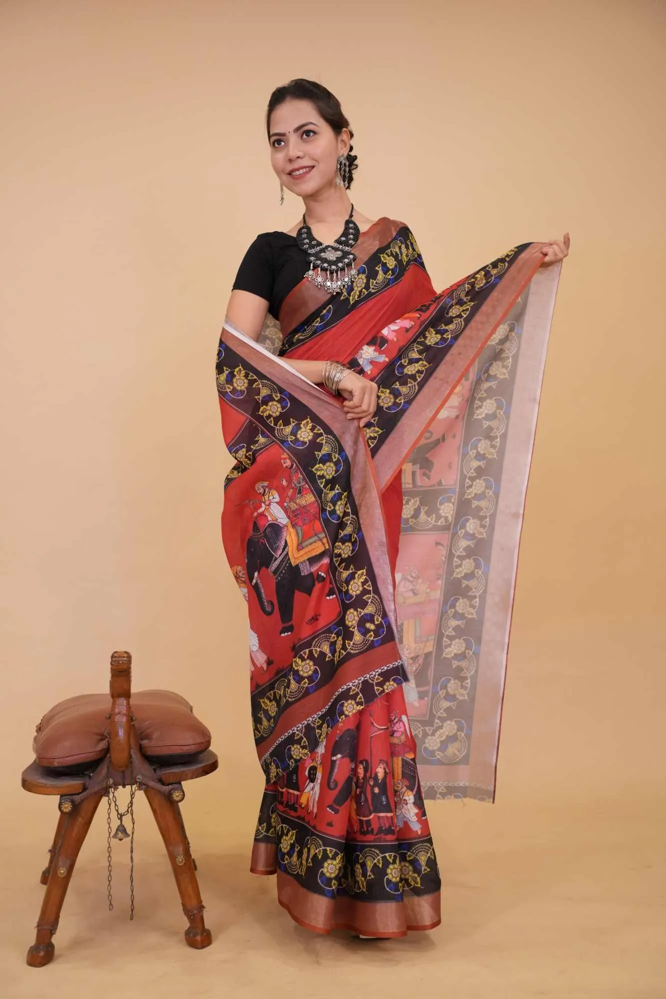 Mughal Era Printed With Black Contrast Border Ready To Wear Saree