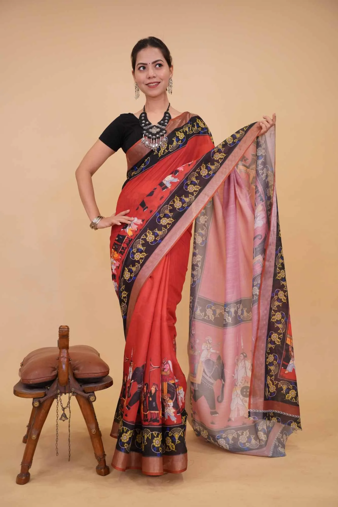 Mughal Era Printed With Black Contrast Border Ready To Wear Saree