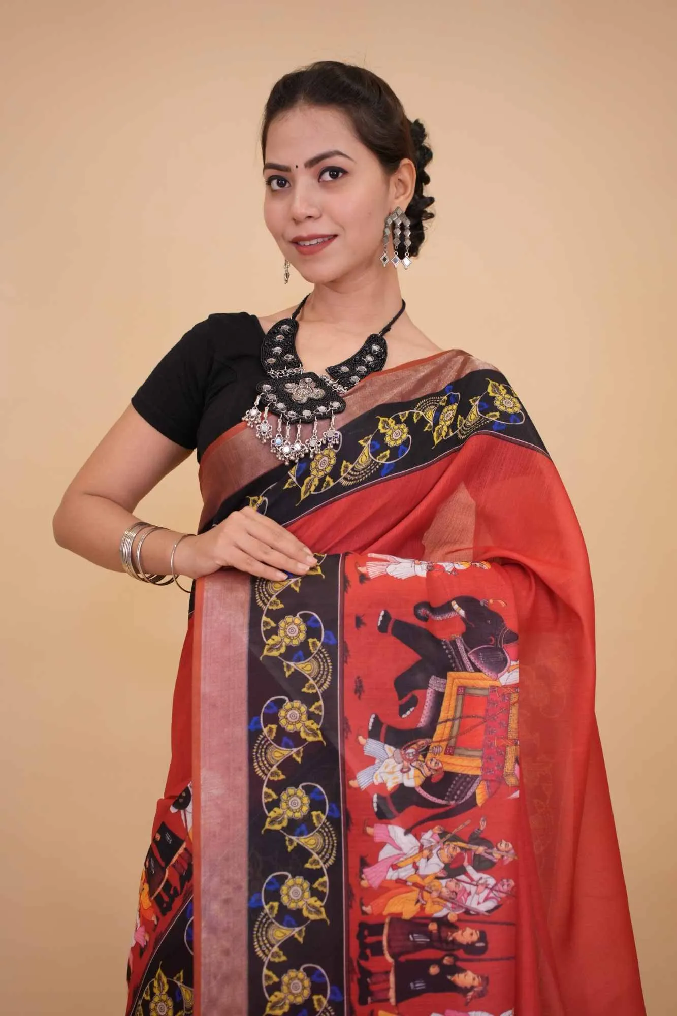Mughal Era Printed With Black Contrast Border Ready To Wear Saree