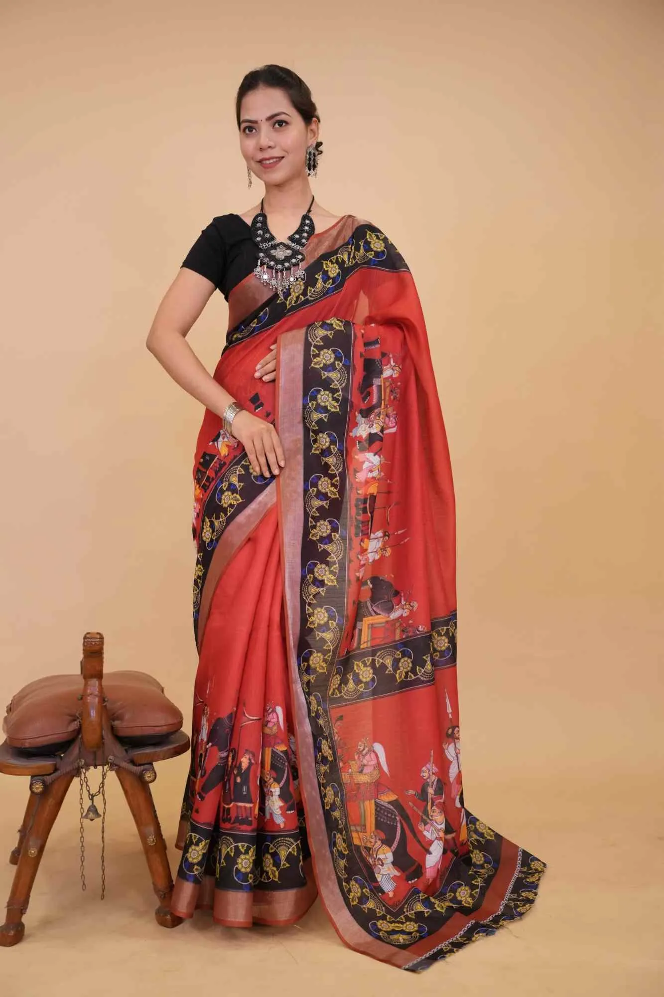 Mughal Era Printed With Black Contrast Border Ready To Wear Saree