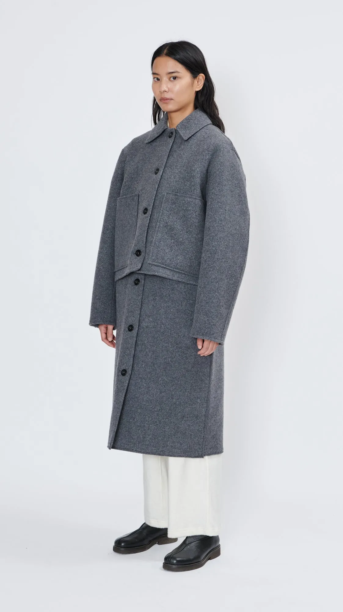 Off Shoulder Washed Wool   Inner Coat in Grey