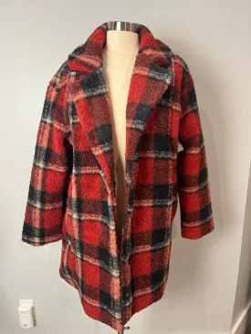 Open Front Plaid Teddy Coat