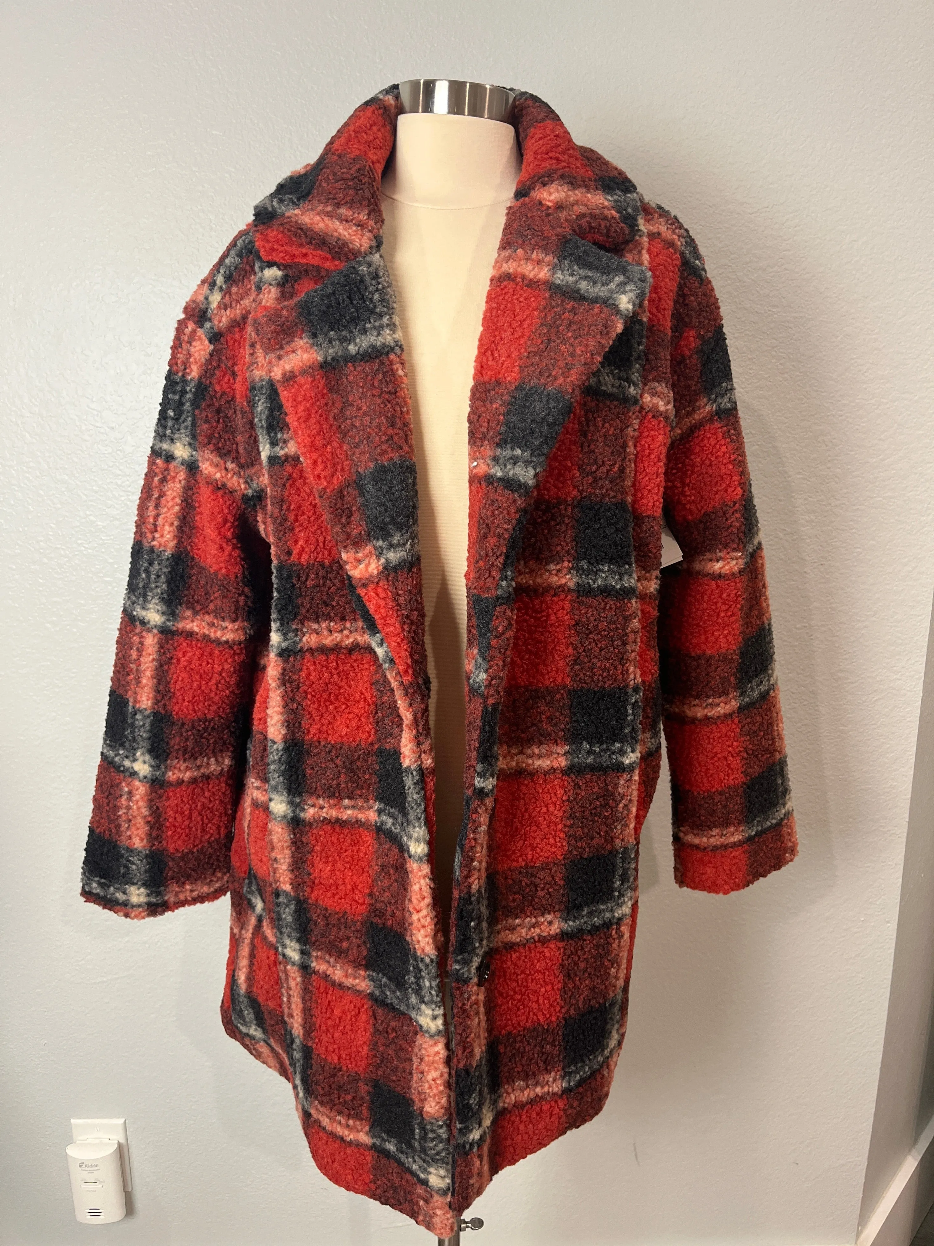 Open Front Plaid Teddy Coat