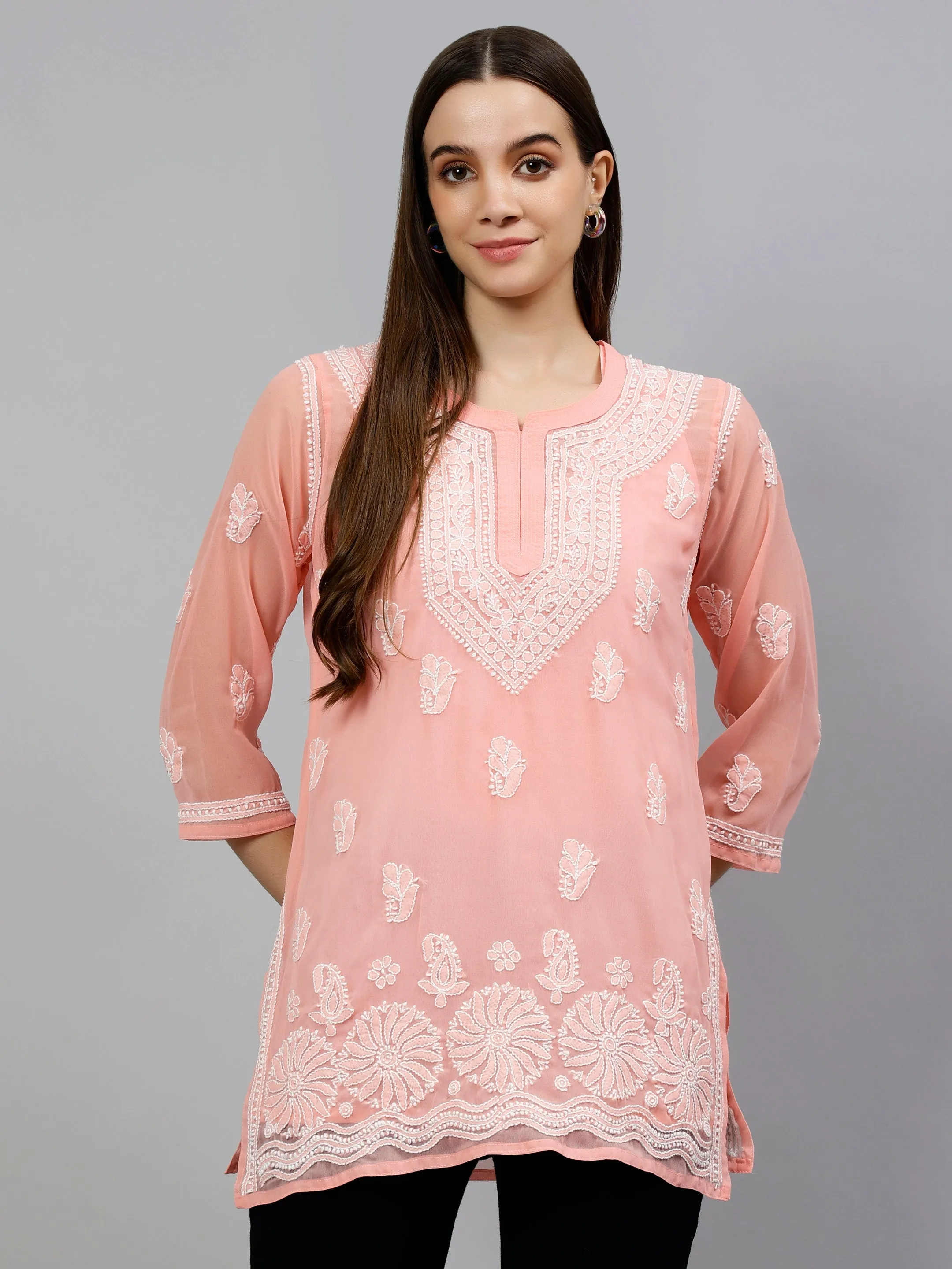 Peach Georgette Embroidered Chikankari Short Tunic with Slip