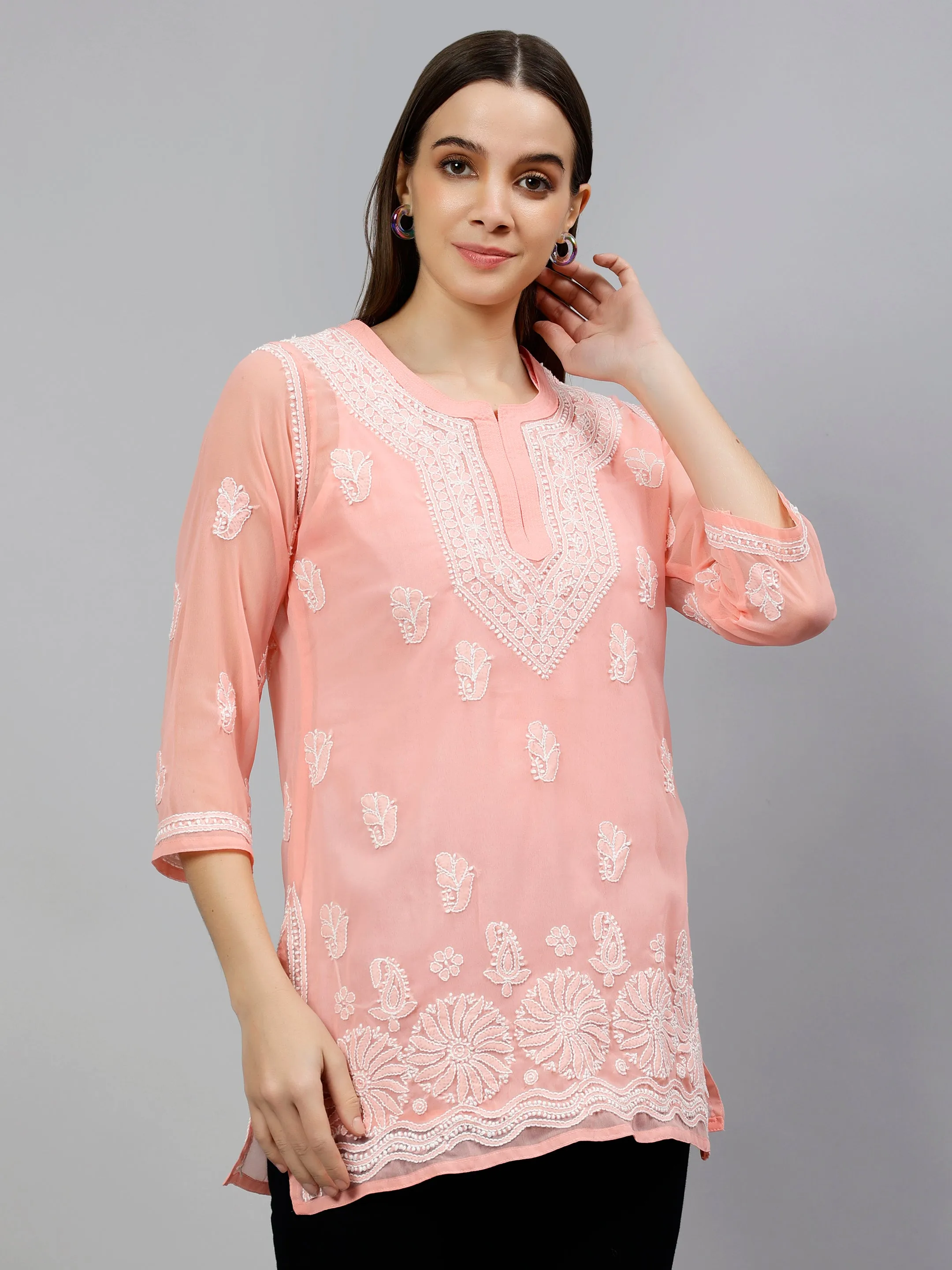 Peach Georgette Embroidered Chikankari Short Tunic with Slip