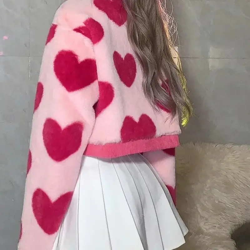 Pink Cropped Jacket Faux Fur Hearts