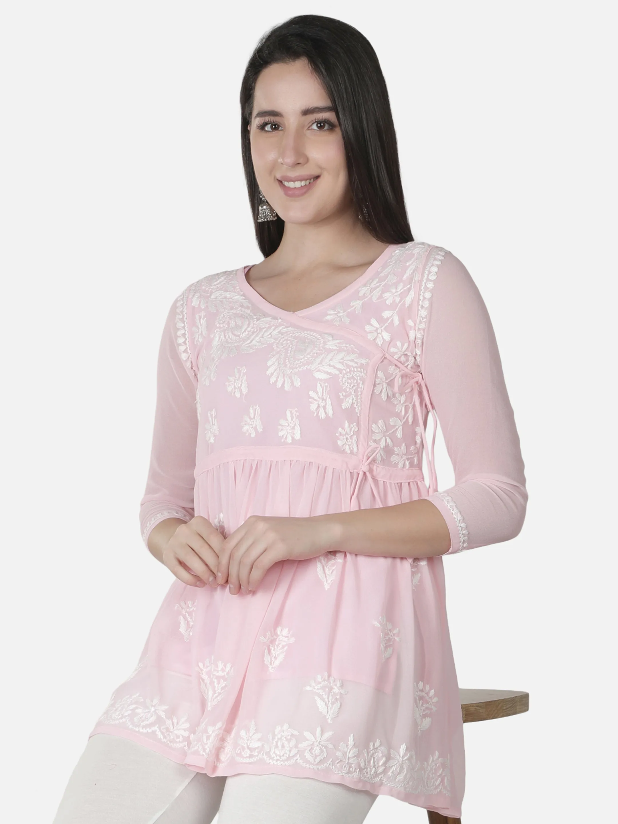 Pink Georgette Angarkha Chikankari Tunic Top With Slip