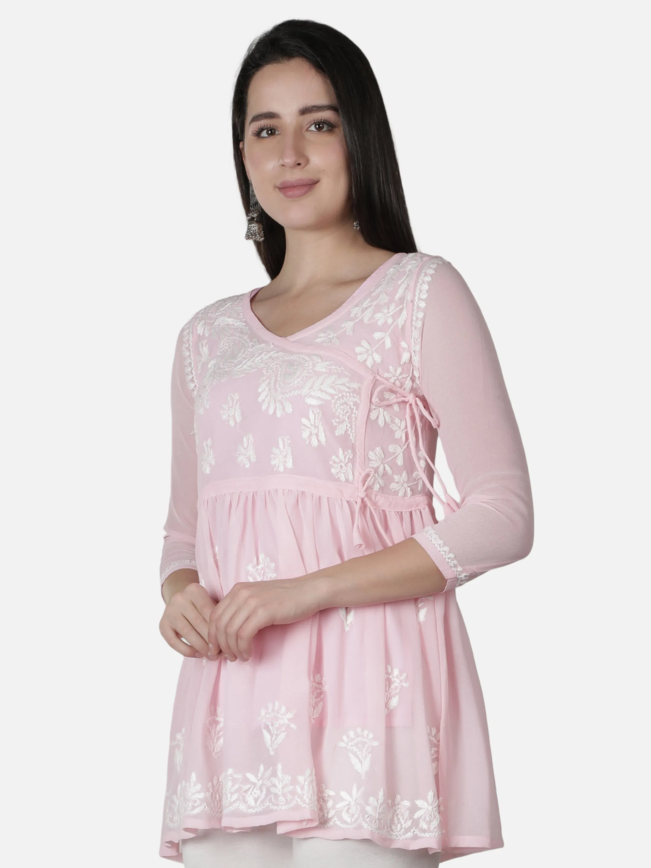 Pink Georgette Angarkha Chikankari Tunic Top With Slip