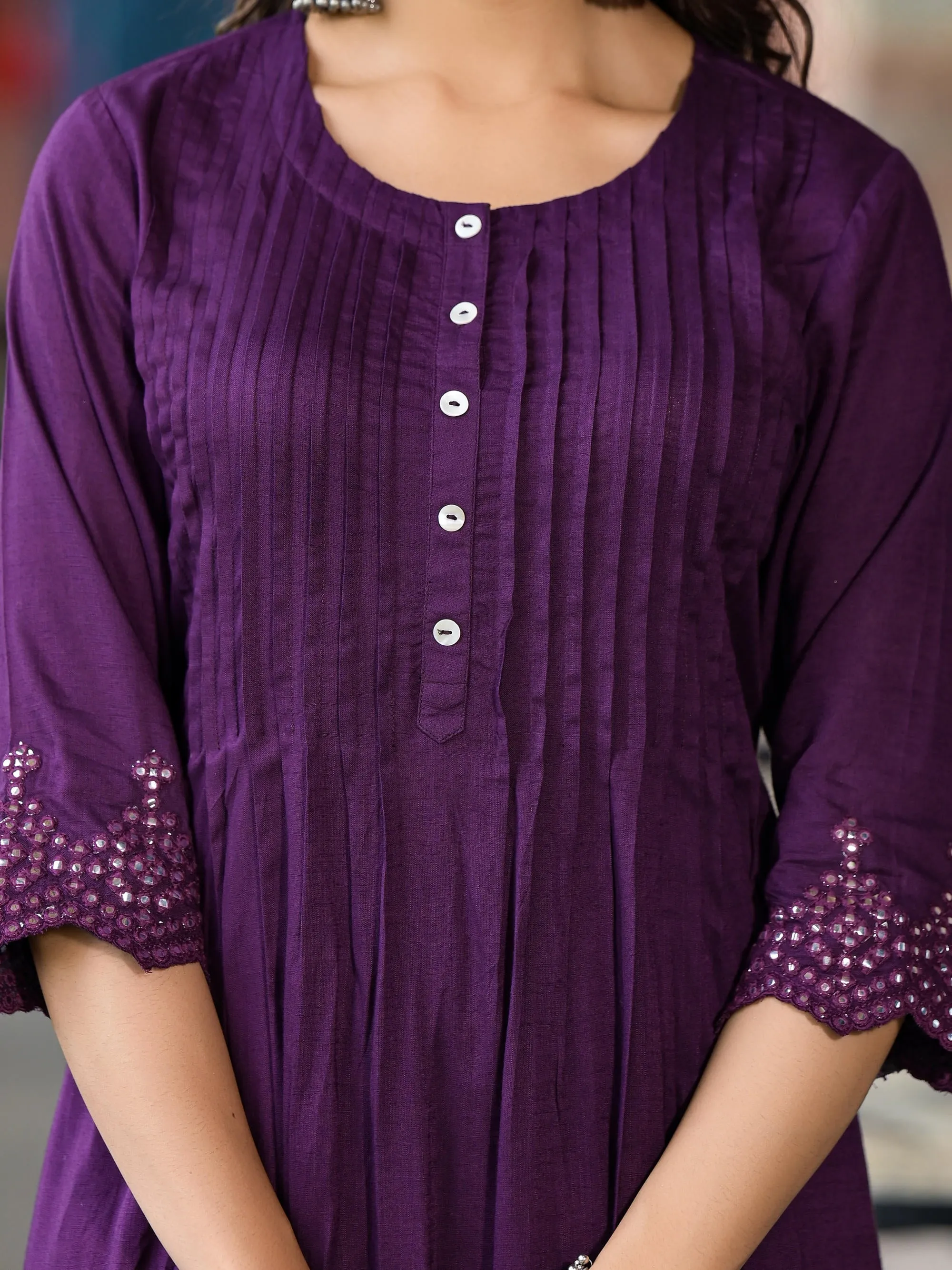 Plum Thread Embroidered Liva Rayon Kurta Set With Buttons & Mirror Work