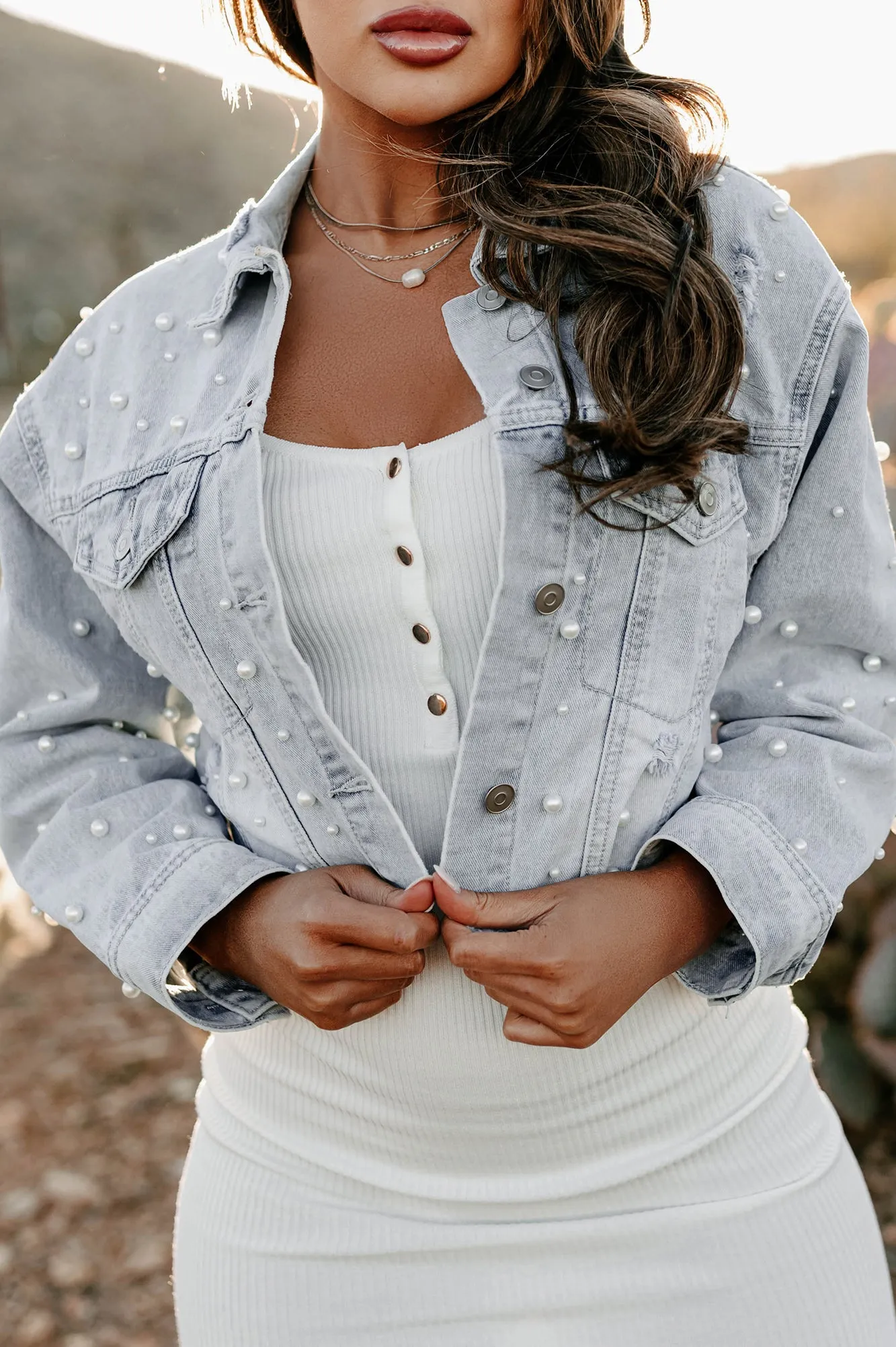 Pretty As A Pearl Pearl Embellished Cropped Denim Jacket (Light)