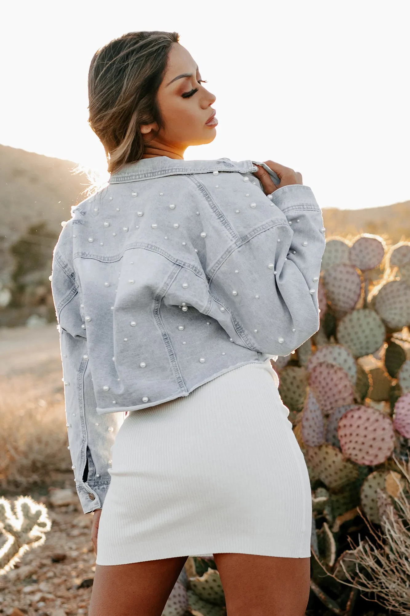 Pretty As A Pearl Pearl Embellished Cropped Denim Jacket (Light)