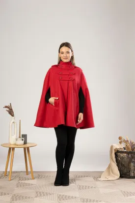 Raspberry Hooded Wool Cape Coat