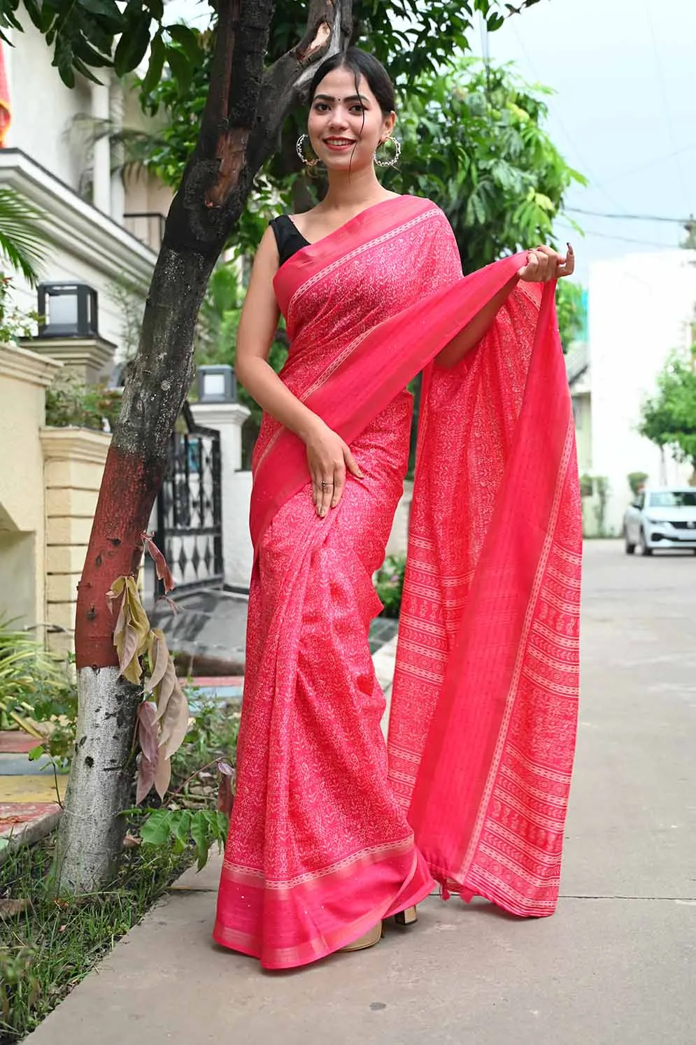 Ready to wear Dola Silk Over All Bastar Art  Printed With sequence Border Wrap in 1 minute Saree