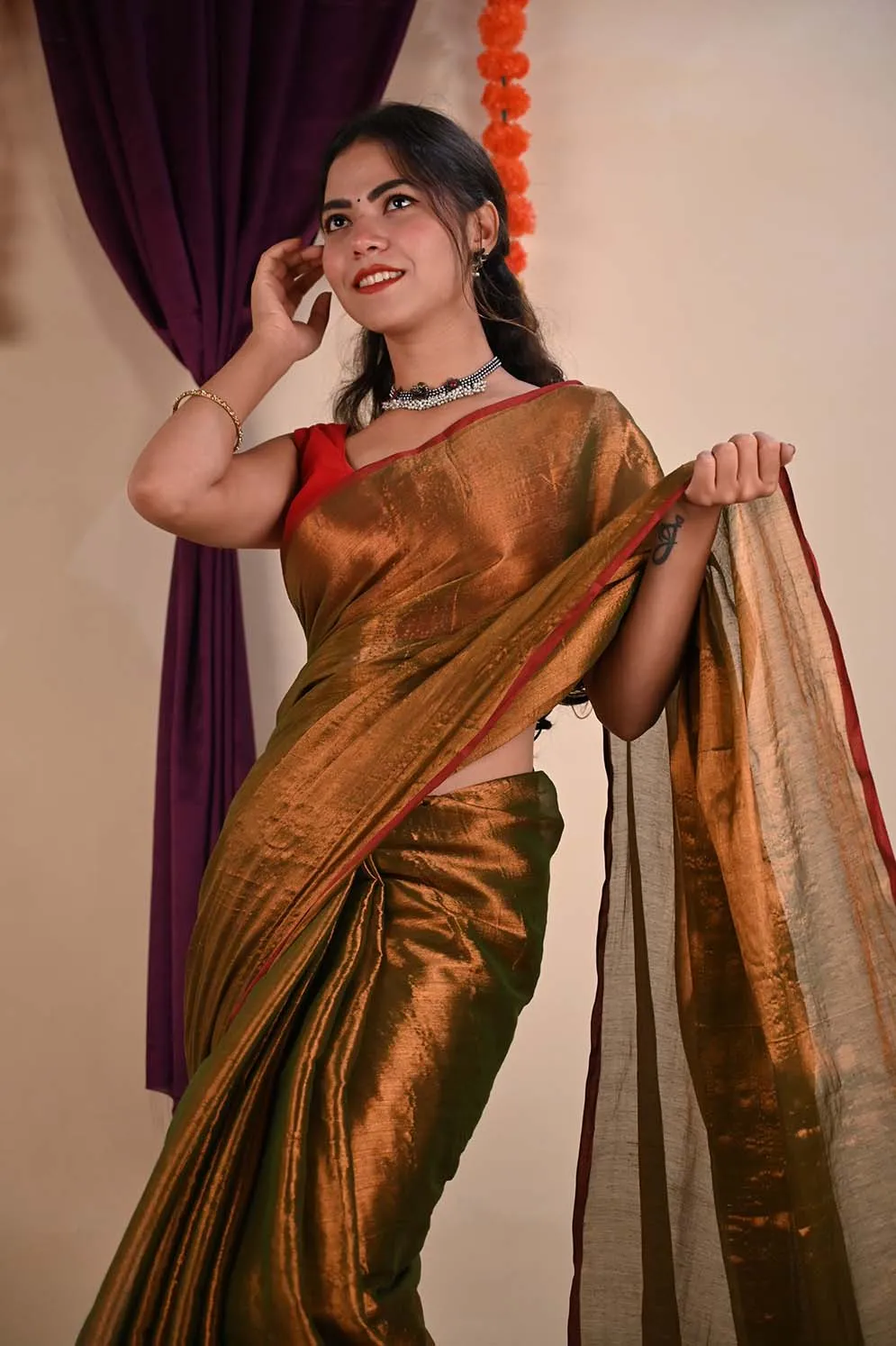 Ready To Wear Premium Organza Tissue With Tassels Dhoop Chaanv Copper Gold On Pallu  Wrap in 1 minute saree
