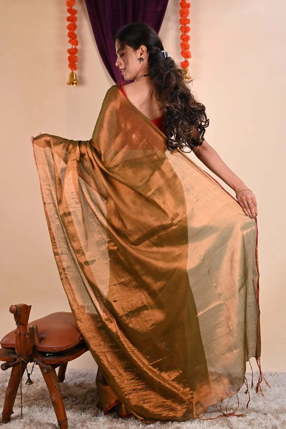 Ready To Wear Premium Organza Tissue With Tassels Dhoop Chaanv Copper Gold On Pallu  Wrap in 1 minute saree