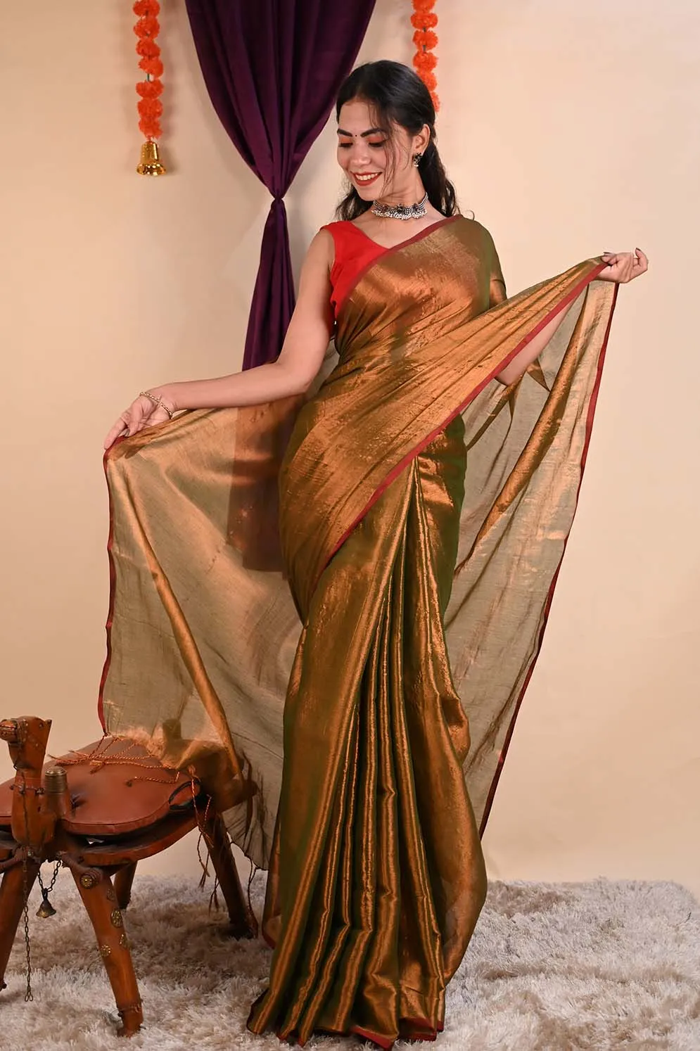 Ready To Wear Premium Organza Tissue With Tassels Dhoop Chaanv Copper Gold On Pallu  Wrap in 1 minute saree