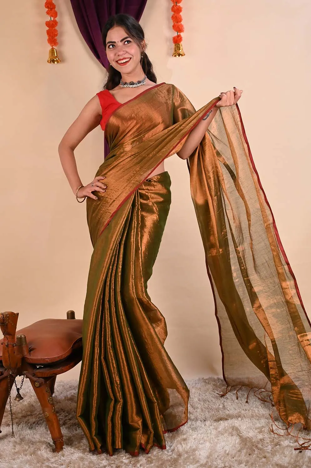 Ready To Wear Premium Organza Tissue With Tassels Dhoop Chaanv Copper Gold On Pallu  Wrap in 1 minute saree