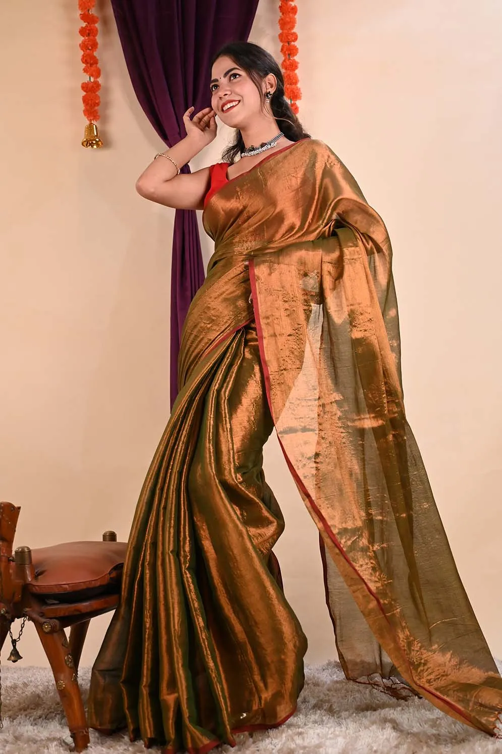 Ready To Wear Premium Organza Tissue With Tassels Dhoop Chaanv Copper Gold On Pallu  Wrap in 1 minute saree