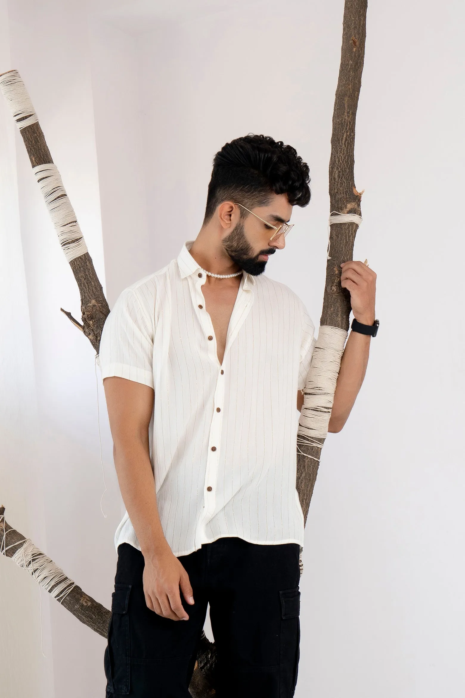 Relaxed Fit Super Flowy Re-engineered Cotton Lurex- Half Sleeves Party Shirt White(Take one size smaller)