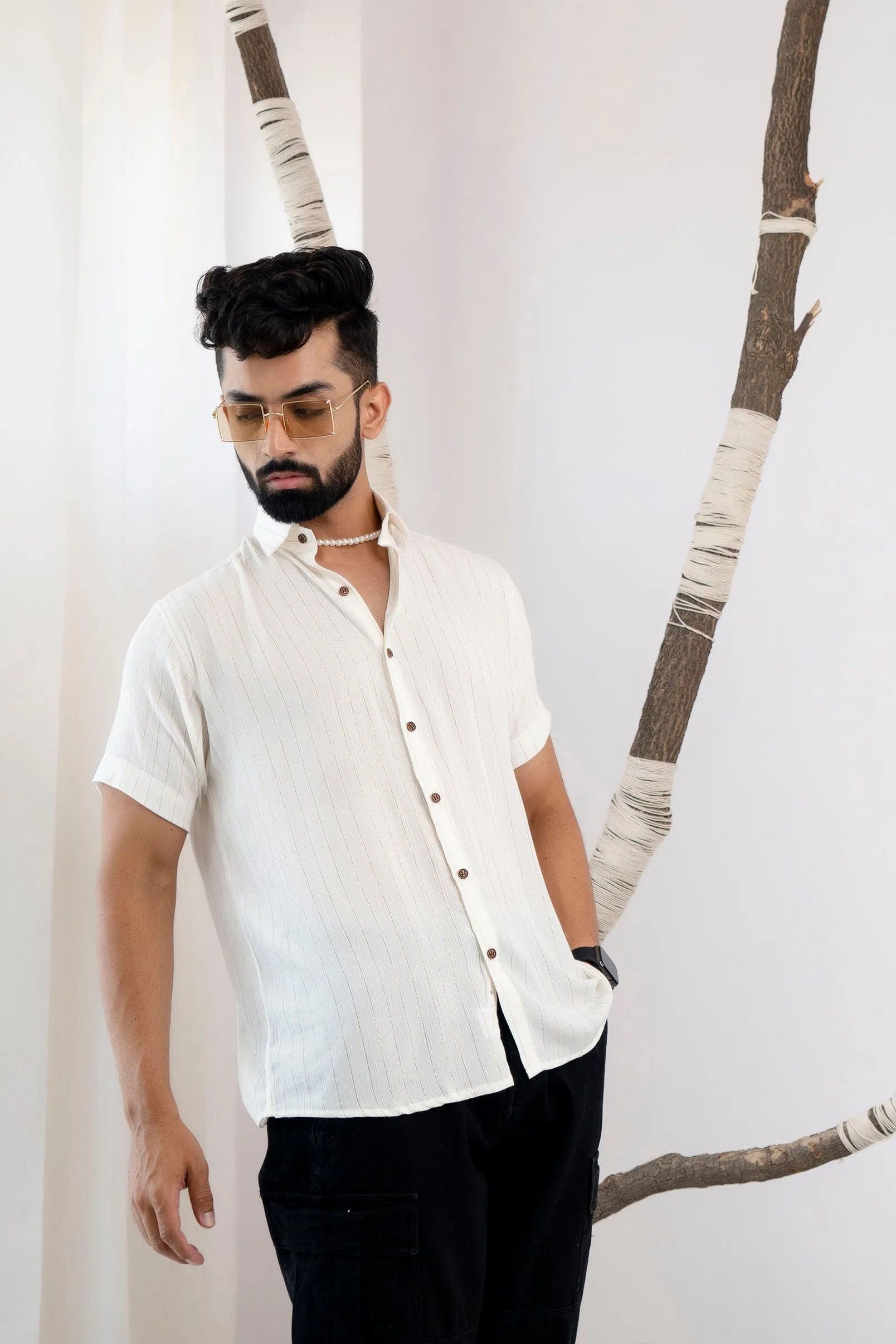 Relaxed Fit Super Flowy Re-engineered Cotton Lurex- Half Sleeves Party Shirt White(Take one size smaller)