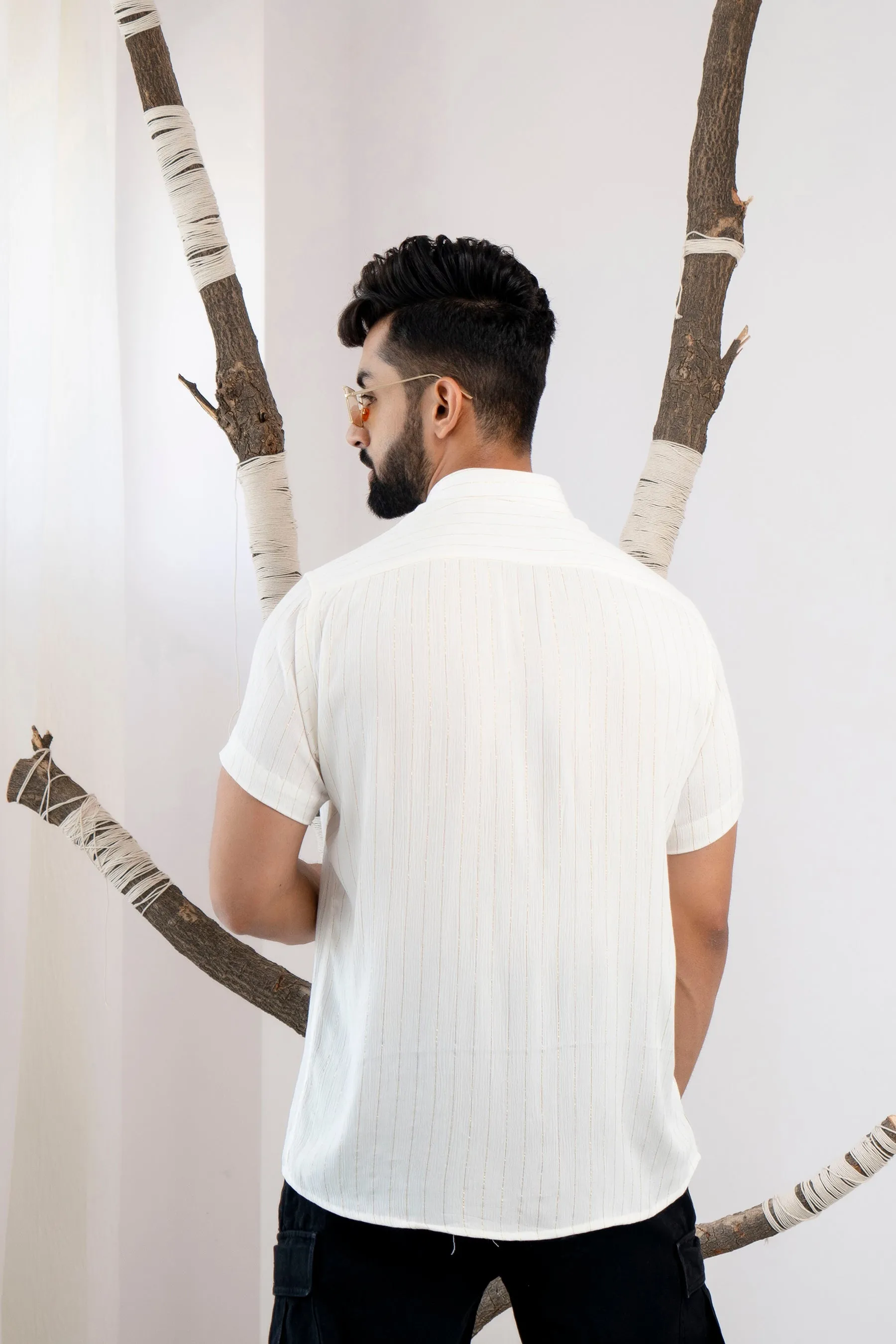 Relaxed Fit Super Flowy Re-engineered Cotton Lurex- Half Sleeves Party Shirt White(Take one size smaller)