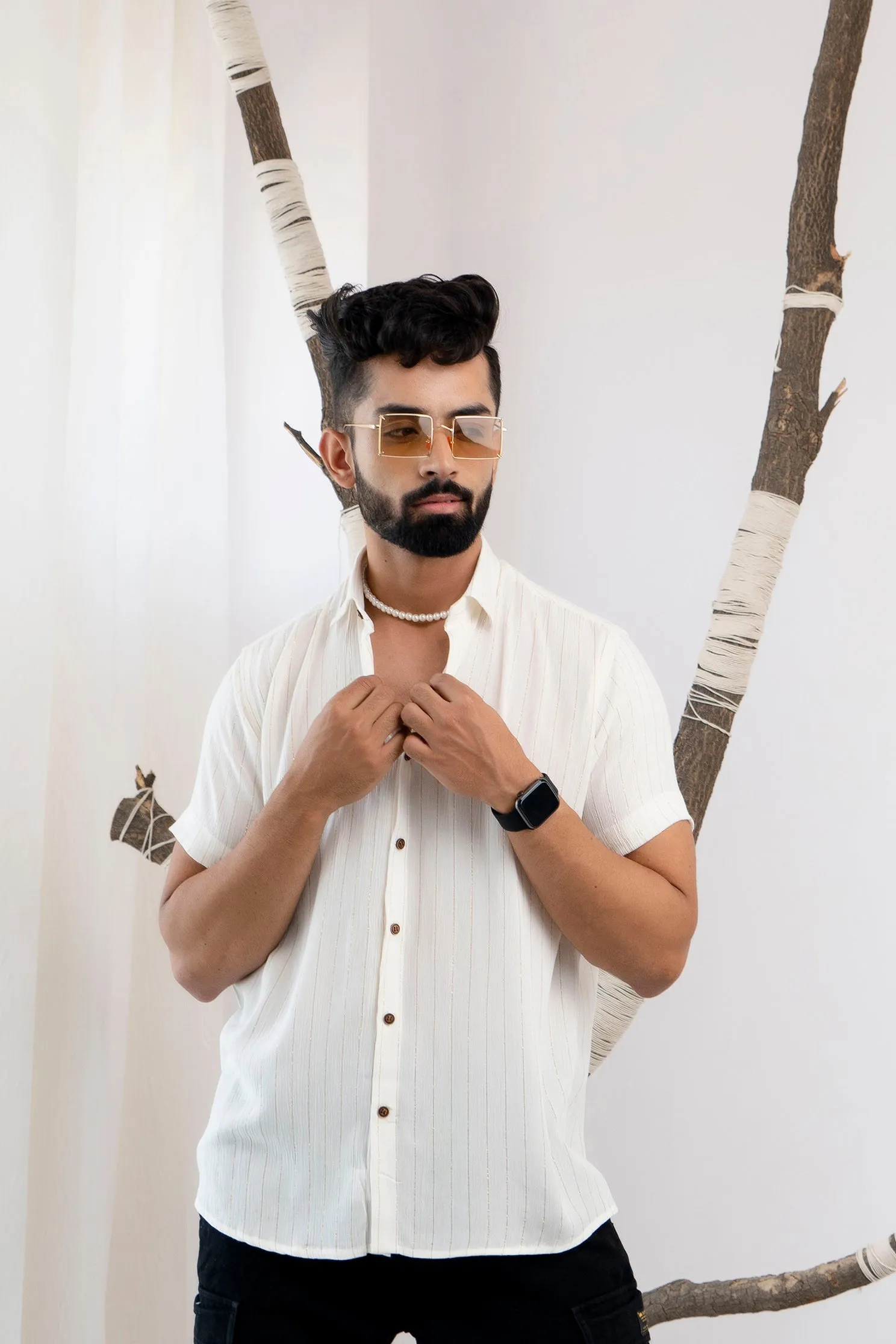 Relaxed Fit Super Flowy Re-engineered Cotton Lurex- Half Sleeves Party Shirt White(Take one size smaller)
