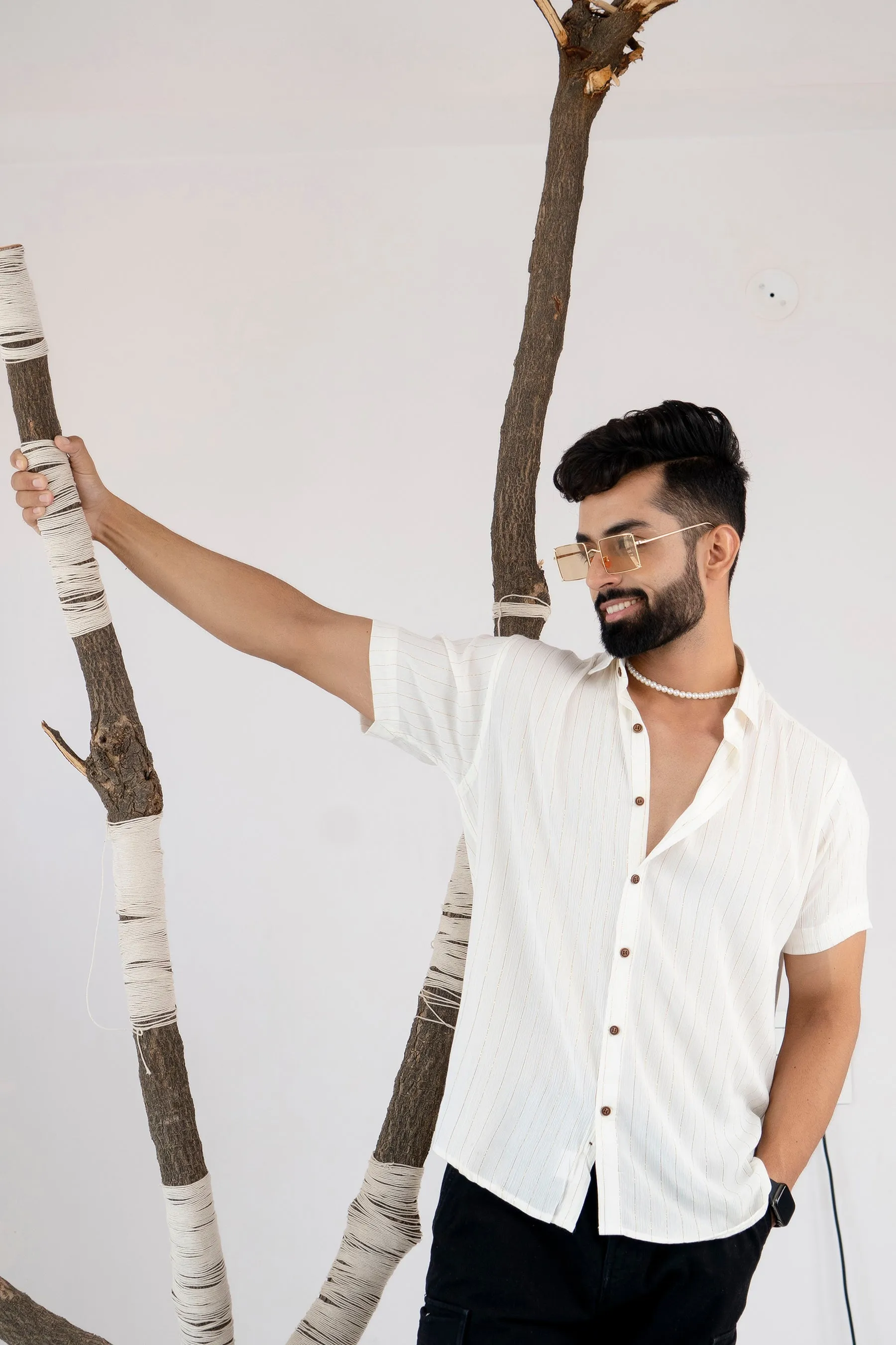 Relaxed Fit Super Flowy Re-engineered Cotton Lurex- Half Sleeves Party Shirt White(Take one size smaller)