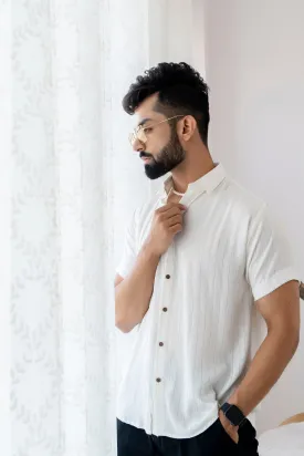 Relaxed Fit Super Flowy Re-engineered Cotton Lurex- Half Sleeves Party Shirt White(Take one size smaller)