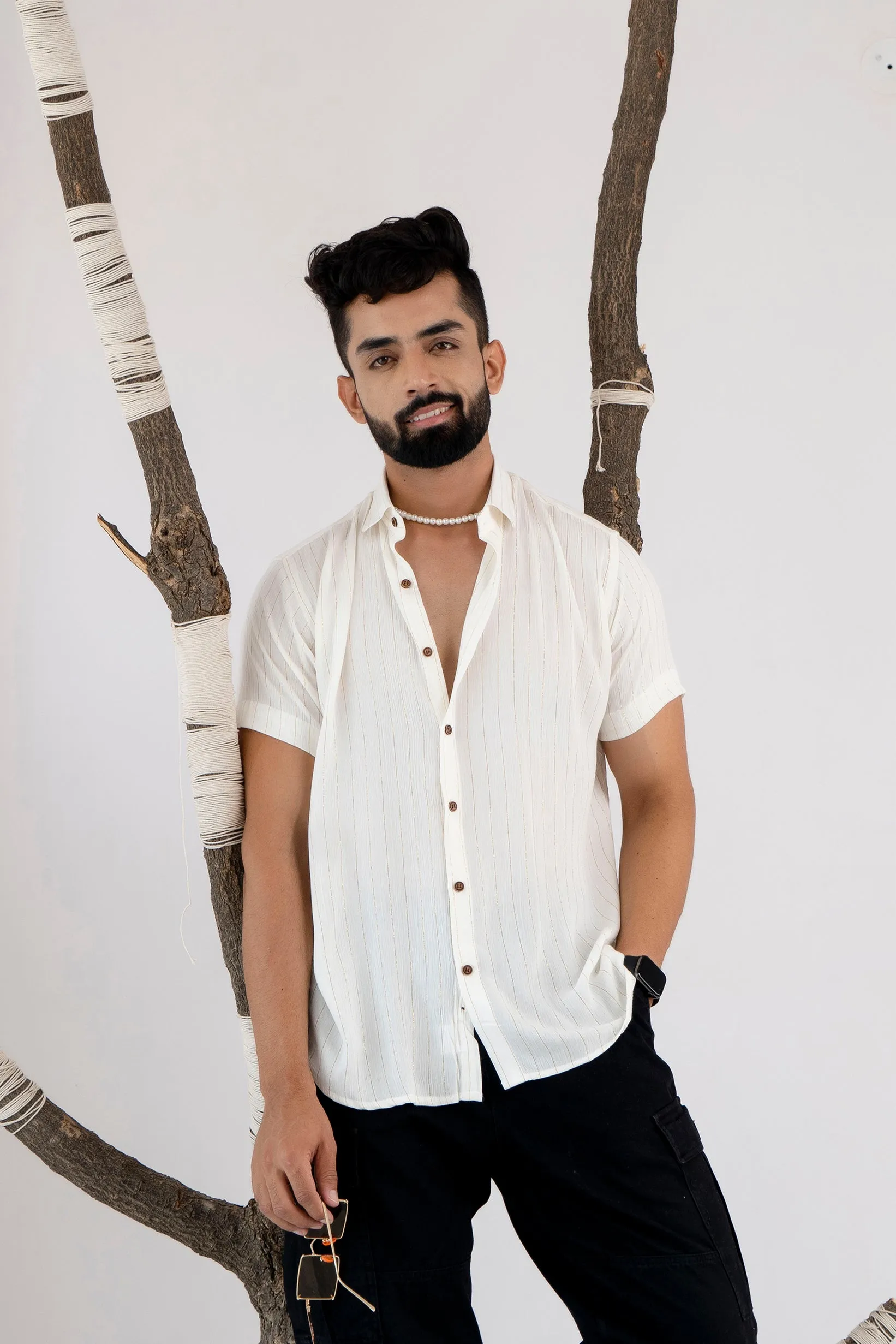 Relaxed Fit Super Flowy Re-engineered Cotton Lurex- Half Sleeves Party Shirt White(Take one size smaller)