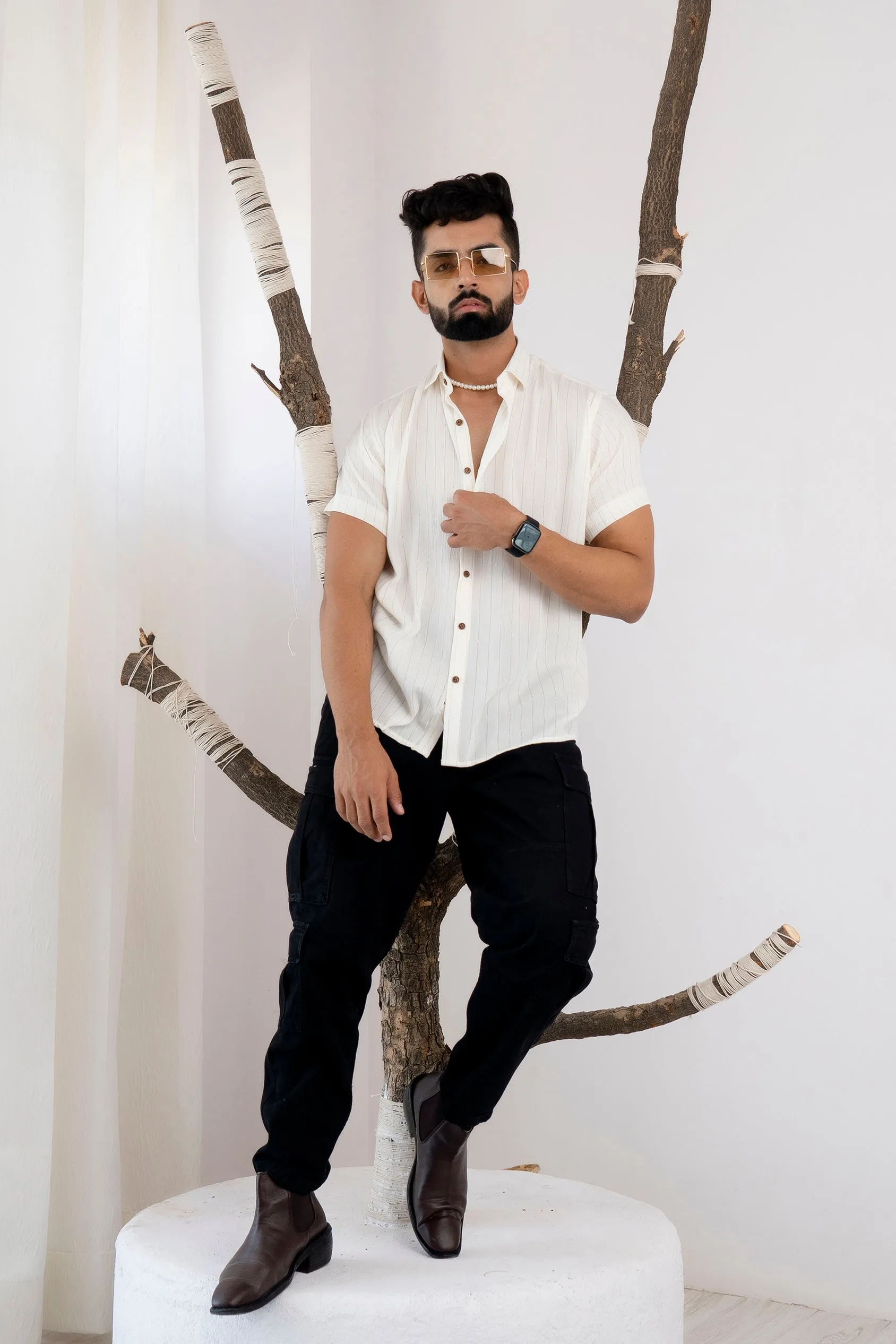 Relaxed Fit Super Flowy Re-engineered Cotton Lurex- Half Sleeves Party Shirt White(Take one size smaller)