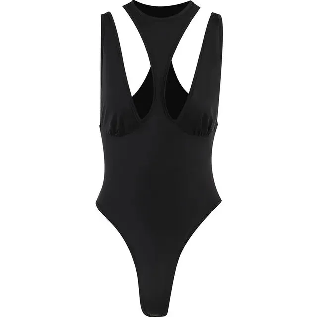 Sleeveless Hollow Out Solid O Neck Skinny Bodysuit