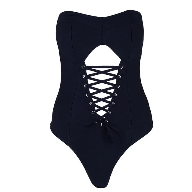 Strapless Sleeveless Lace Up Hollow Out Bodysuit