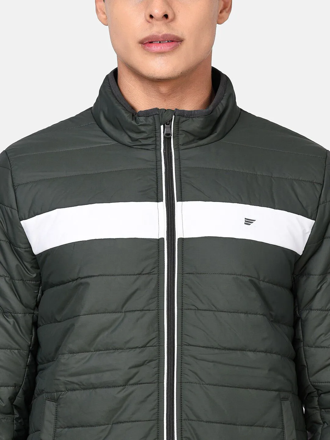 t-base Men Green & White Colourblocked Lightweight Puffer Jacket