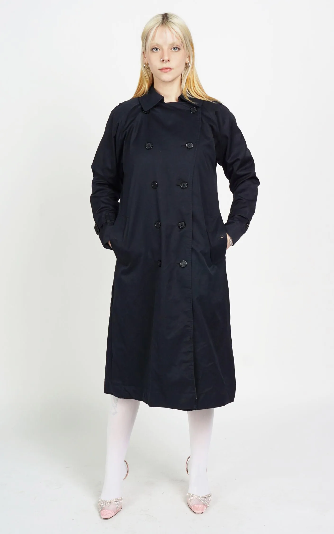 VINTAGE BURBERRY Tartan Wool Lining Navy Trench Coat