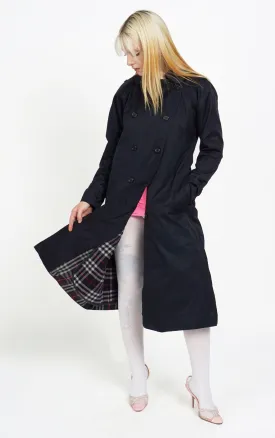 VINTAGE BURBERRY Tartan Wool Lining Navy Trench Coat