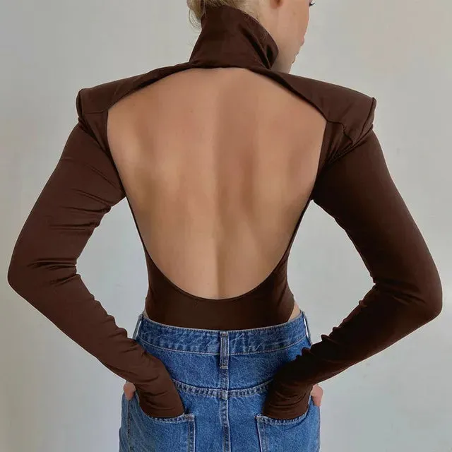 Women Backless Long Sleeve Solid Slim Bodycon White Bodysuit
