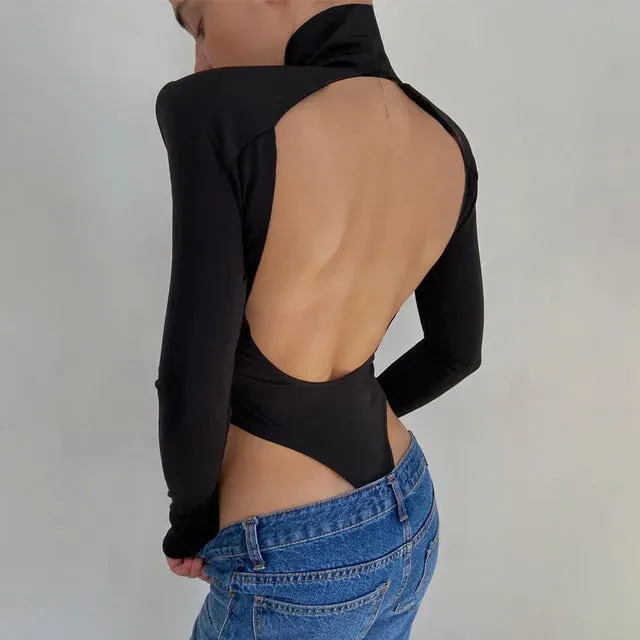 Women Backless Long Sleeve Solid Slim Bodycon White Bodysuit