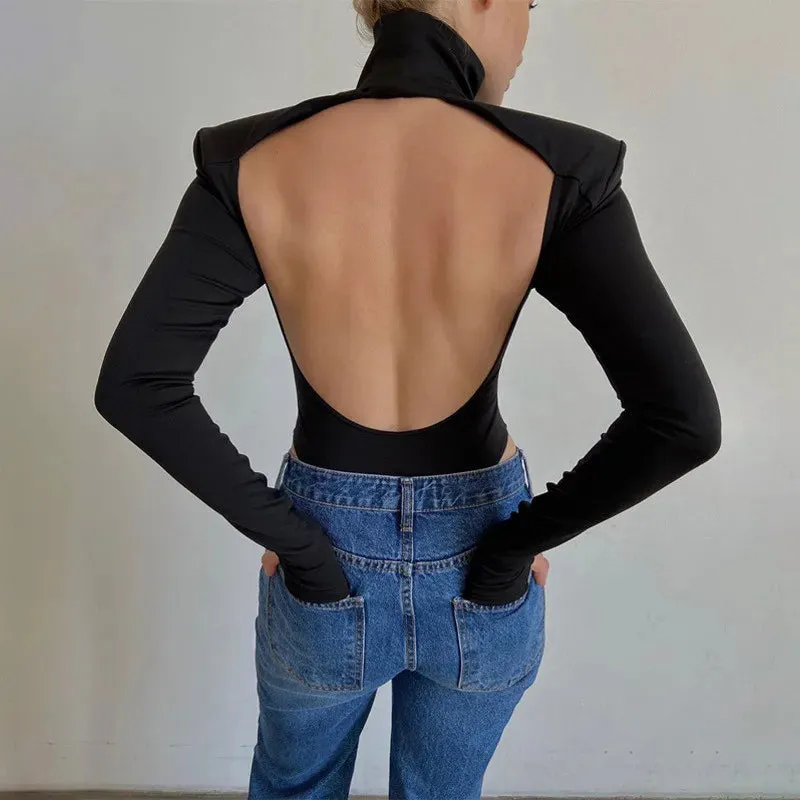 Women Backless Long Sleeve Solid Slim Bodycon White Bodysuit