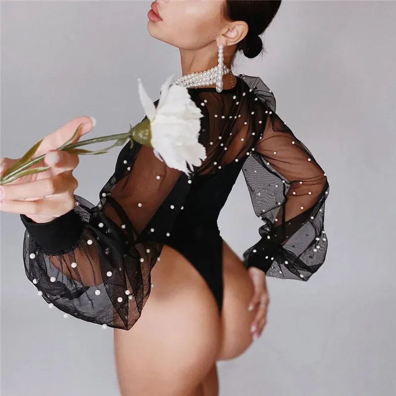 Women Mesh Patchwork See Through Skinny Lantern Sleeve Bodysuit
