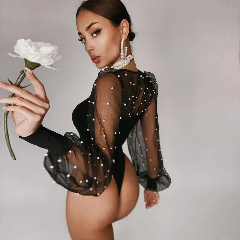 Women Mesh Patchwork See Through Skinny Lantern Sleeve Bodysuit