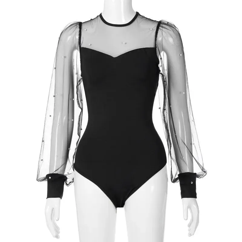 Women Mesh Patchwork See Through Skinny Lantern Sleeve Bodysuit