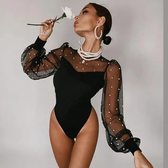 Women Mesh Patchwork See Through Skinny Lantern Sleeve Bodysuit