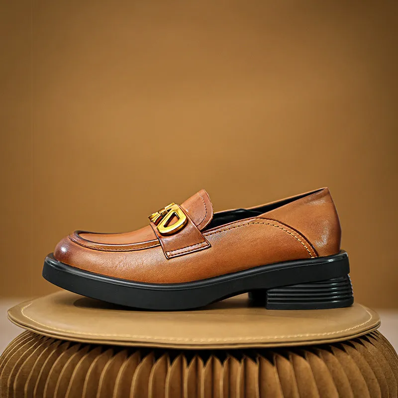 Women Retro Cowhide Thick Soled Loafers