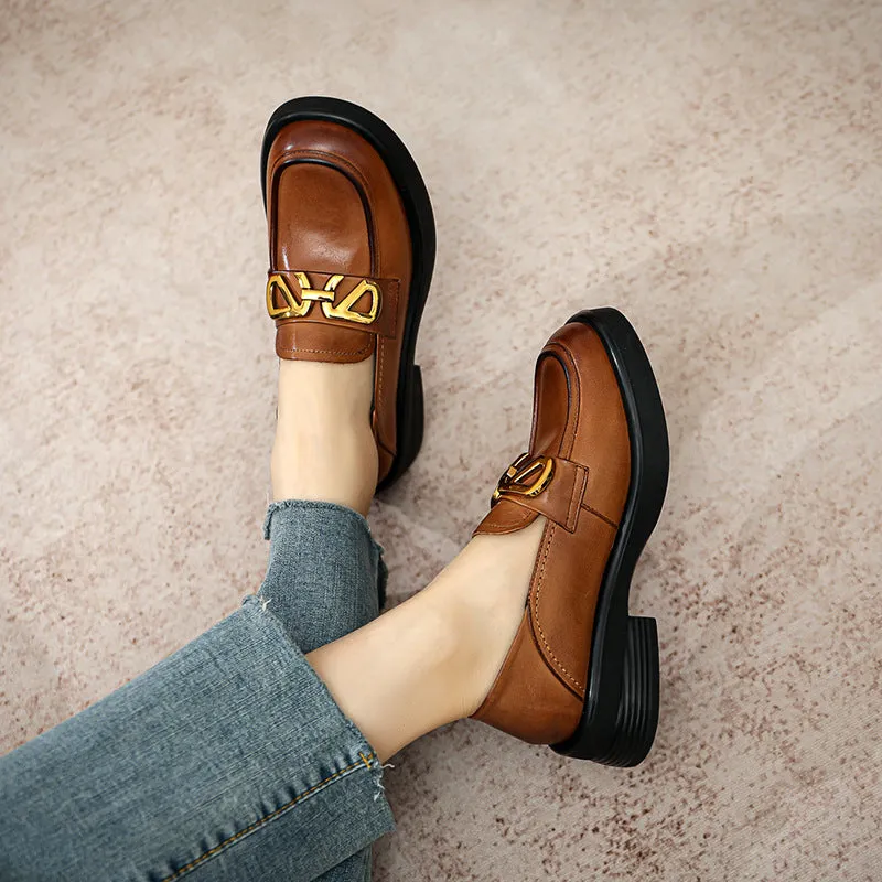 Women Retro Cowhide Thick Soled Loafers
