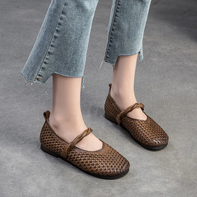 Women Retro Handmade Plaited Leather Casual Flats