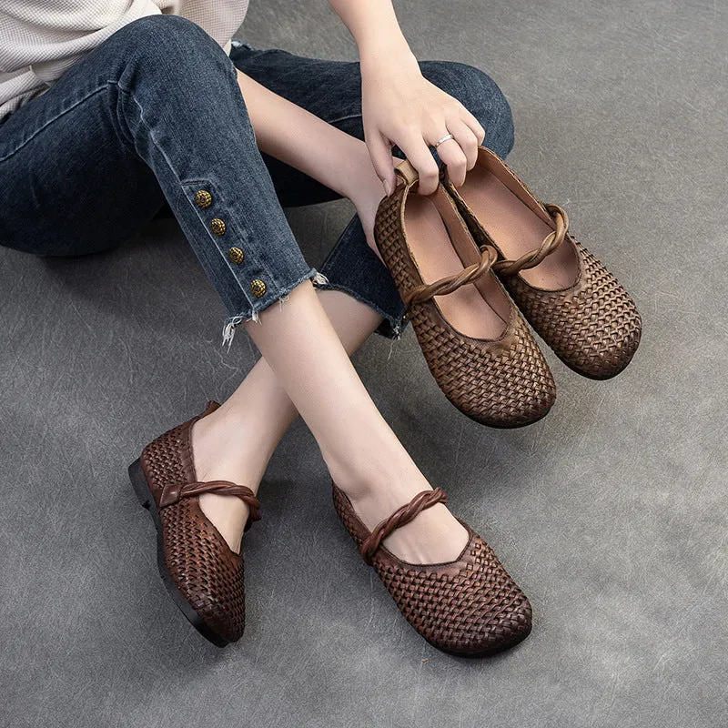 Women Retro Handmade Plaited Leather Casual Flats